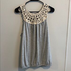 Mudd Gray Top with Cream Crochet Neckline